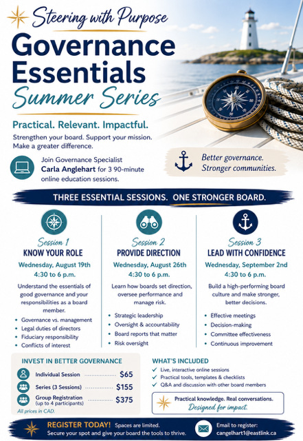 A poster expressing all the benefits of taking the "Governance Essentials" multi-session training series