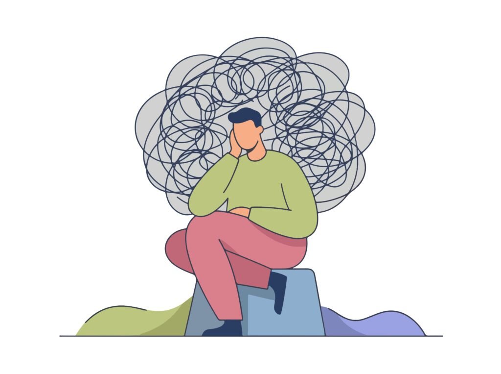 A piece of corporate art depicting a person sitting with a cloud of pen stroke swirls behind their head.