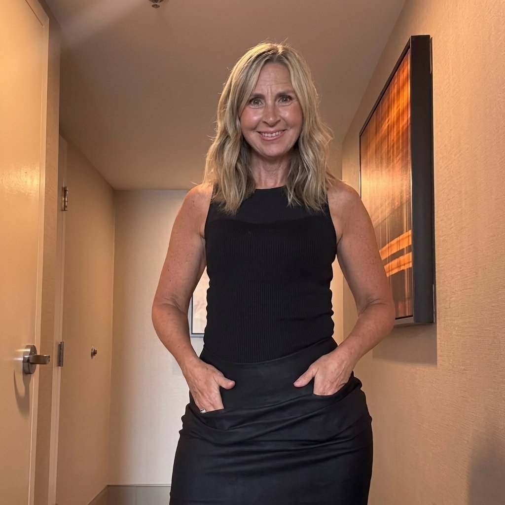 Jill MacDonald standing with her hands loosely placed on the front of her skirt smiling. She is wearing a black shirt and a black skirt