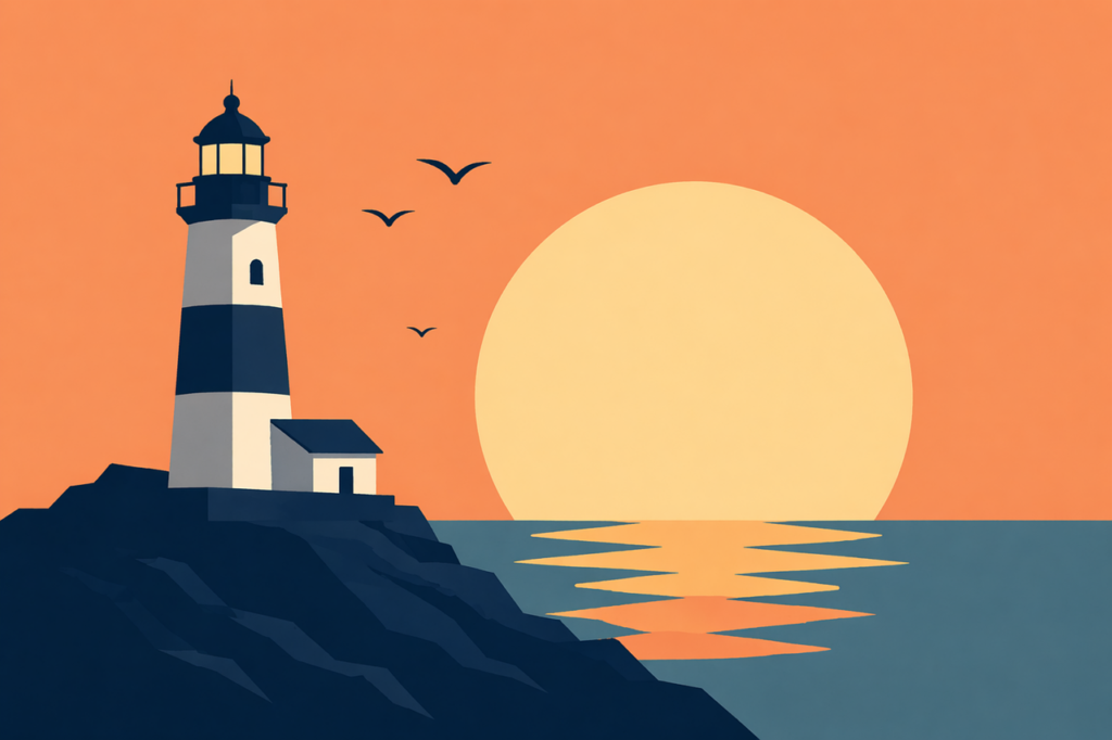 An illustration of a lighthouse at sunset with distant birds in the sky.